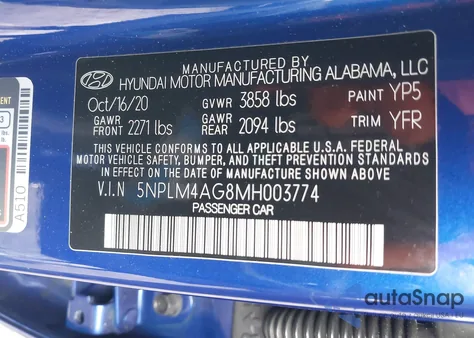 2021 Hyundai Elantra Sel z USA, uszkodzony, nr VIN 5NPLM4AG8MH003774